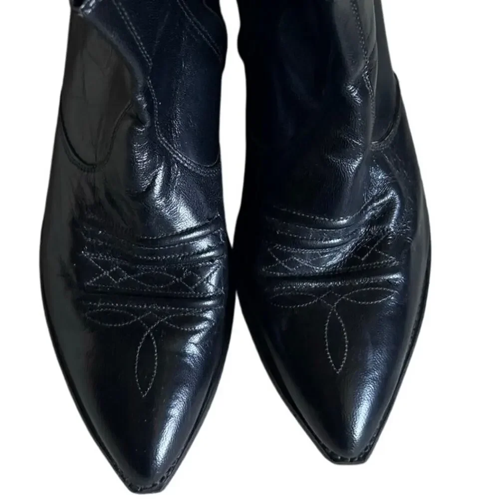 Vintage Tramp Line Black Leather Cowboy Boots Men's 8.5 EE Wide